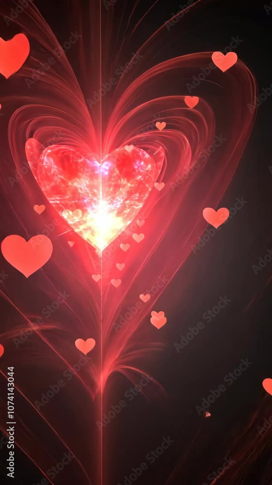 Poster a glowing red heart surrounded by smaller hearts is framed by a swirling, translucent red pattern on