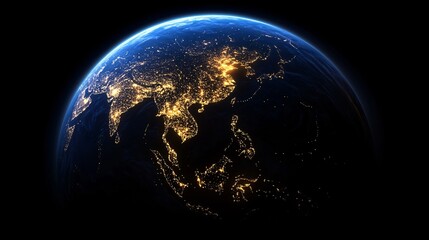 Obraz premium A breathtaking orbital view of Earth, its curvature aglow with the shimmering lights of Asian metropolises, Vast constellations of human activity paint the night side in hues of gold and electric
