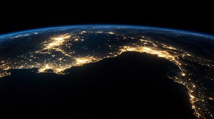 A breathtaking orbital view of Earth, its curvature aglow with the shimmering lights of Asian metropolises, Vast constellations of human activity paint the night side in hues of gold and electric