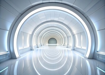 Fototapeta premium Futuristic Empty White Tunnel Corridor for Product Display, Showcase, and Presentation in Low Light Photography, Round Design with Illuminated Pathway and Modern Aesthetic