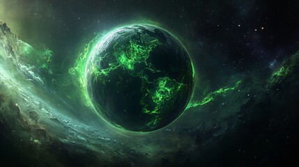 Obraz premium An ethereal fantasy Earth hovers in the cosmic void, its continents reimagined with bioluminescent forests and crystalline seas, Gossamer rings of stardust encircle the planet, while aurora-like