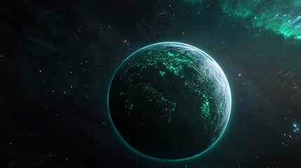 Fototapeta premium An ethereal fantasy Earth hovers in the cosmic void, its continents reimagined with bioluminescent forests and crystalline seas, Gossamer rings of stardust encircle the planet, while aurora-like