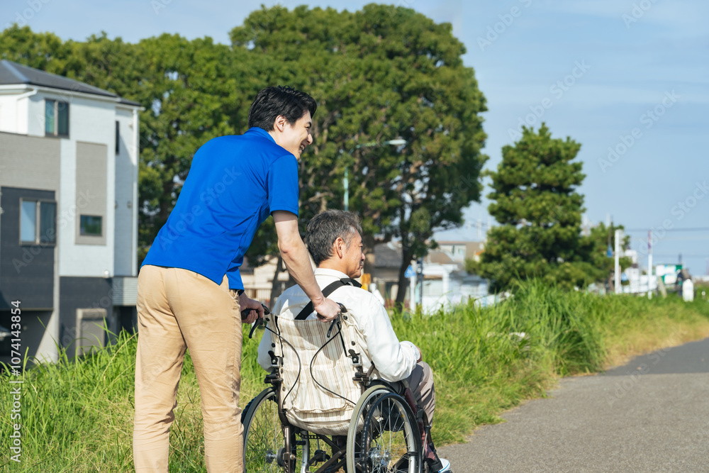 Poster 介護、介護士、車椅子、高齢者、お年寄り、シニア、日本人、男性、外出、フレイル、後ろ姿、背中、歩道、自然、青空、公園、住宅街、デイサービス、ホームヘルパー、笑顔、ポジティブ、ボランティア、車いす、障がい者、障害、看護、介護福祉士、ウェルネス、サポート、サービス、支援、屋外、レク、施設、老人ホーム、散歩、新緑、環境、グリーン、仕事、職業、アルバイト、コピースペース、元気、老人、ヘルスケア、バリアフリー