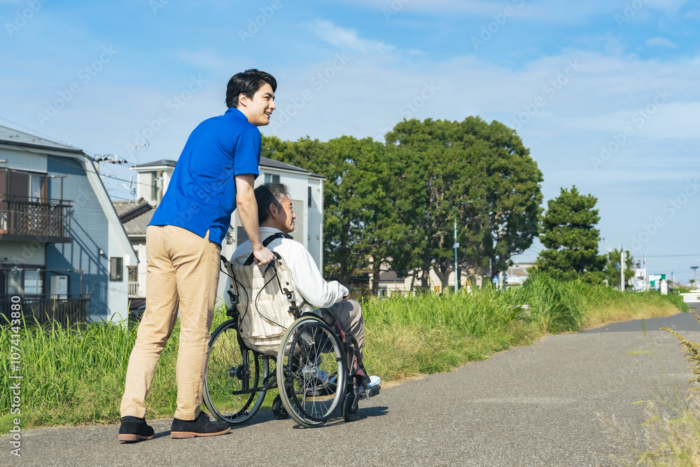 Poster 介護、介護士、車椅子、高齢者、お年寄り、シニア、日本人、男性、外出、フレイル、後ろ姿、背中、歩道、自然、青空、公園、住宅街、デイサービス、ホームヘルパー、笑顔、ポジティブ、ボランティア、車いす、障がい者、障害、看護、介護福祉士、ウェルネス、サポート、サービス、支援、屋外、レク、施設、老人ホーム、散歩、新緑、環境、グリーン、仕事、職業、アルバイト、コピースペース、元気、老人、ヘルスケア、バリアフリー