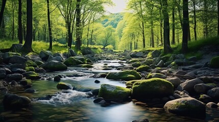 A serene forest scene with a flowing stream and lush greenery, evoking tranquility and nature.