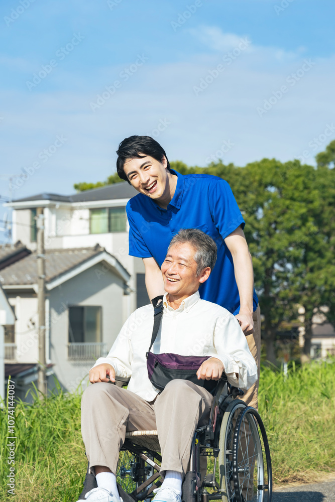 Poster 介護士、介護、ヘルパー、車椅子、デイケア、デイサービス、男性、日本人、シニア、高齢者、お年寄り、おじいさん、老人、老人ホーム、ホームヘルパー、自然、新緑、公園、屋外、散歩、外出、レク、青空、爽やか、車いす、介護福祉士、仕事、ボランティア、福祉、活動、歩道、バリアフリー、支援、サポート、社会、障害、障がい者、行政、サービス、応援、励ます、リハビリ、グリーン、環境、スタッフ、ウェルネス、患者、看護、住