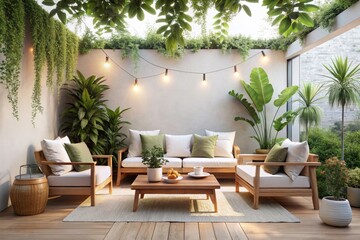 Obraz premium Minimalist Outdoor Living Area with White Walls and Wood Accents - Stylish Bokeh Effect for Modern Home Design Inspiration