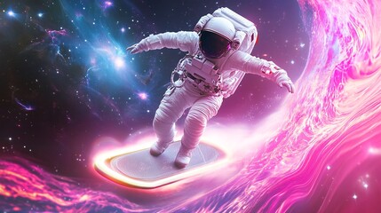 A surreal scene unfolds as an astronaut gracefully surfs cosmic waves on a futuristic hoverboard, Swirling nebulae and stardust create a phantasmagorical wake behind the space-faring daredevil, This