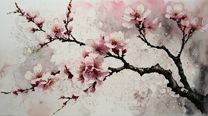 Cherry blossoms bloom vibrantly on slender branches showcasing the beauty of spring in a soft watercolor style with gentle pink and gray hues blending harmoniously
