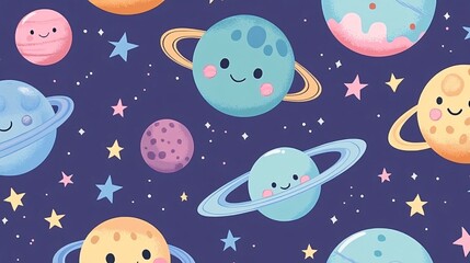 A whimsical collection of space-themed patterns tailored for children's textiles, bursting with kawaii charm, Adorable planets with smiley faces, cuddly alien creatures, and twinkling stars create a