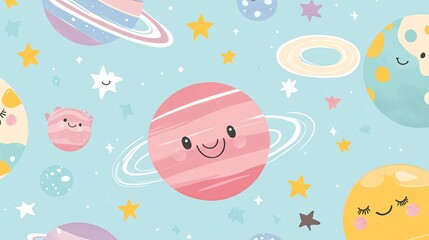 Fototapeta premium A whimsical collection of space-themed patterns tailored for children's textiles, bursting with kawaii charm, Adorable planets with smiley faces, cuddly alien creatures, and twinkling stars create a