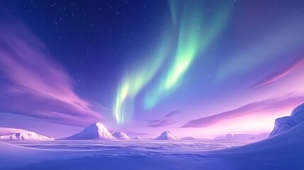 A breathtaking Arctic panorama where the Aurora Borealis paints the night sky in ethereal greens and purples, Pristine snow-covered landscape reflects the celestial light show, creating a magical