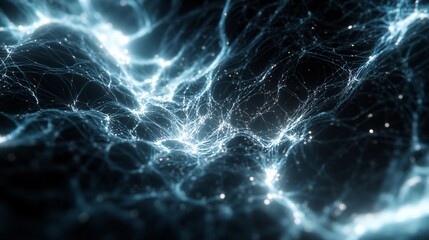 Fototapeta premium An immersive 3D-rendered cosmic tableau where luminous strands of energy intertwine with swirling particle clouds, Glowing lines pulse and flow through the digital void, creating organic forms that