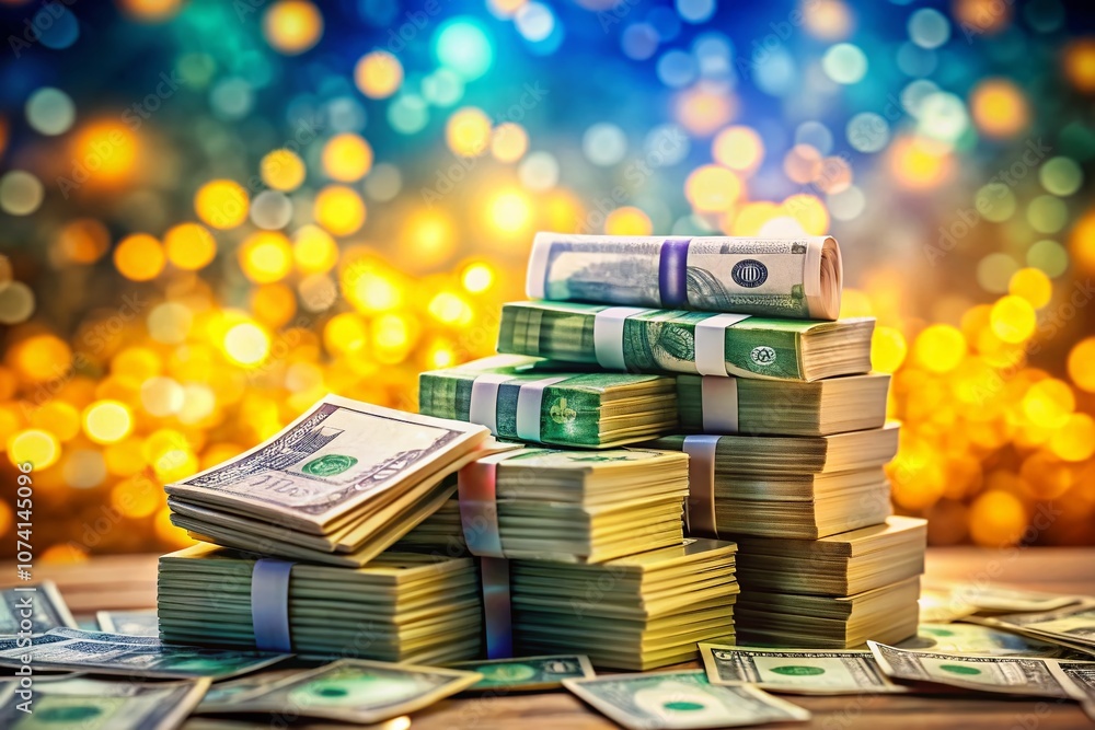Poster stacks of dollars with euro sign and bokeh effect creating a wealthy atmosphere for financial concep