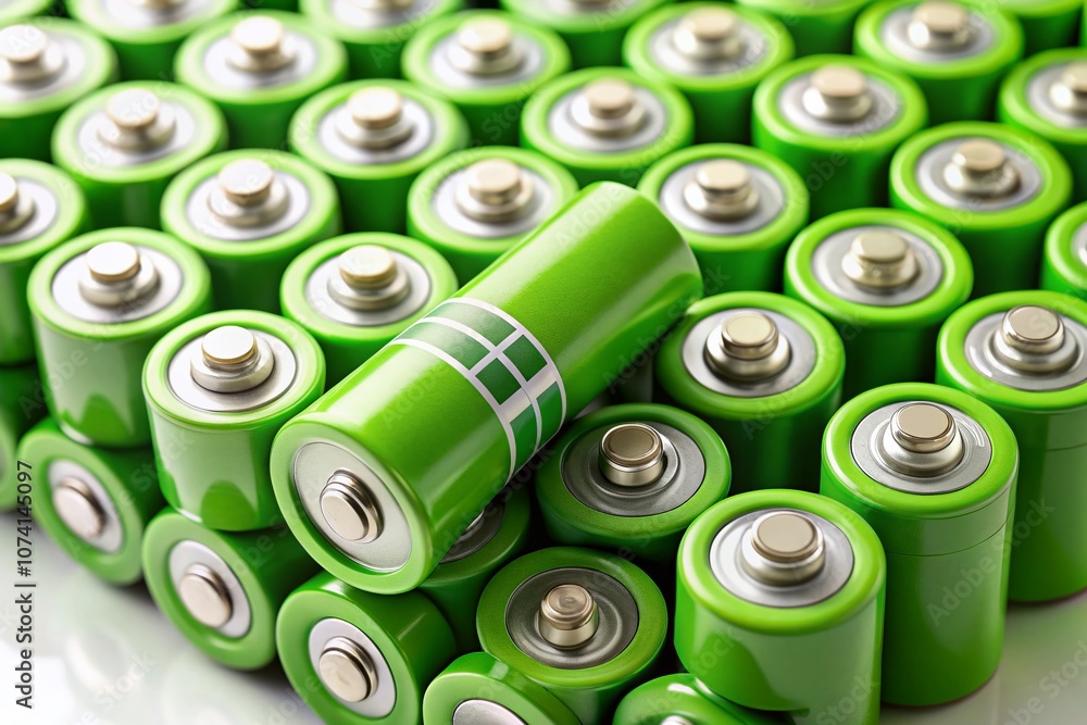 Poster stack of green aa and aaa batteries on a white surface with high depth of field for eco-friendly ene