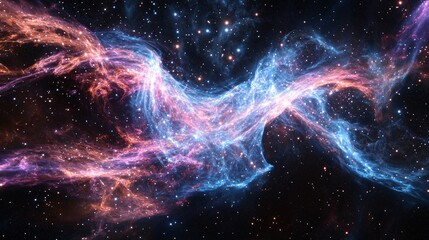 A kaleidoscopic nebula unfurls its cosmic tapestry, its gases ignited in a riot of vivid hues, Newborn stars pierce the celestial veil, their light dancing among swirling clouds of interstellar dust,