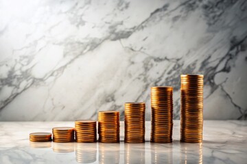 Stacked Coins Rising on a White Marble Desk – A Minimalist Silhouette Photography Capture of Financial Growth and Investment Concepts