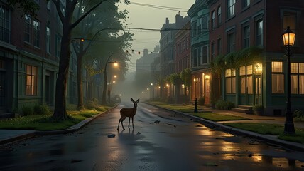 A lone deer stands on a quiet street beneath a misty twilight sky flanked by historic buildings and glowing street lamps