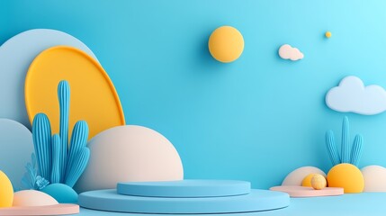 Pastel Blue Product Display 3D Render Summer Cactus Clouds