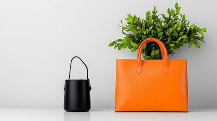 Stylish Orange Black Leather Handbags with Greenery