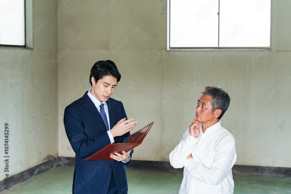 Poster 不動産、物件、営業、内覧、内見、下見、オーナー、賃貸、説明、案内、業者、打ち合わせ、リフォーム、大家、中古、倉庫、工場、スケルトン、店舗、書類、見積もり、仲介、紹介、シニア、男性、ビジネスパーソン、ビジネスマン、日本人、販売、査定、売却、空き家、内装、改装、買取、住宅、物置、固定資産税、税理士、相続、税務調査、価格、相談、点検、修繕、引っ越し、交渉、会話、ビジネス、人物