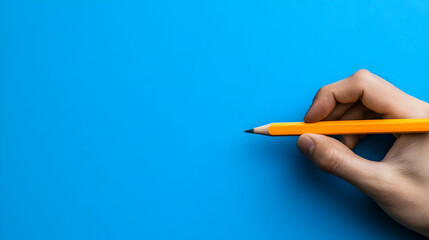 Hand holding a bright yellow pencil against a vibrant blue background, positioned as if about to write or draw on the blank surface.