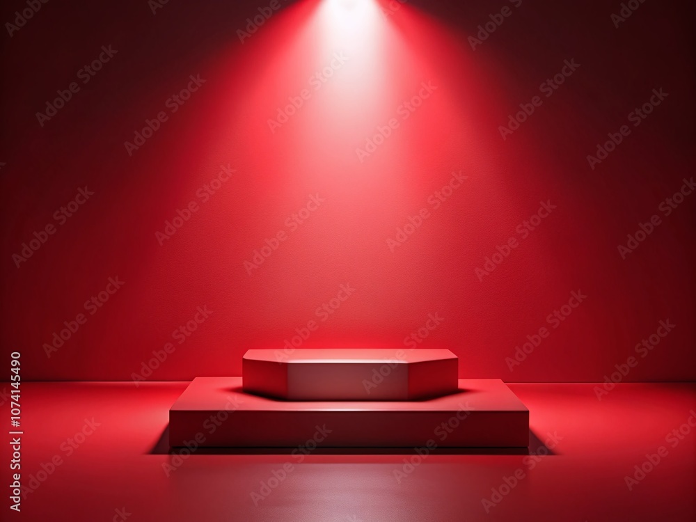 Poster striking minimalist photography of an empty red podium with dynamic light effects showcasing simplic