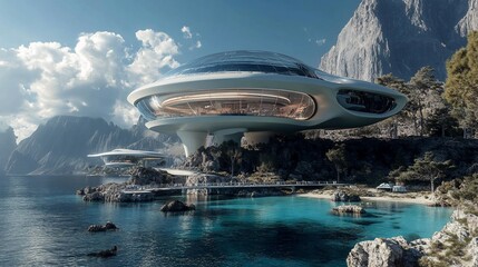 Obraz premium Futuristic, UFO-like building perched on a cliff overlooking a turquoise bay.