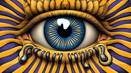 Psychedelic Eye Art Abstract Blue Eye with Gold Yellow Purple Stripes