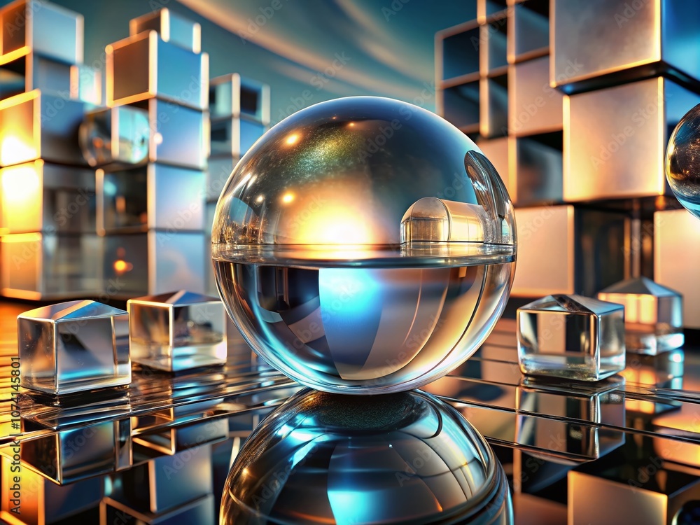 Aufkleber stunning 3d rendering of reflective glass cubes and sphere on a glossy surface with dynamic light ef