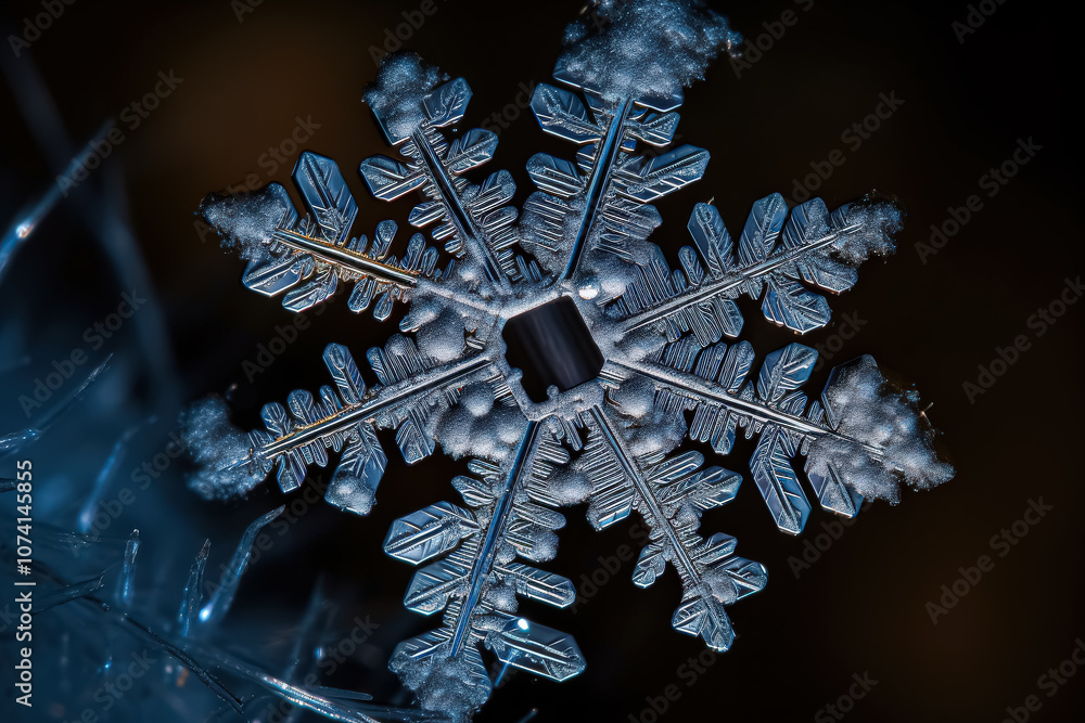 Poster snowflake with a drop of water on it.