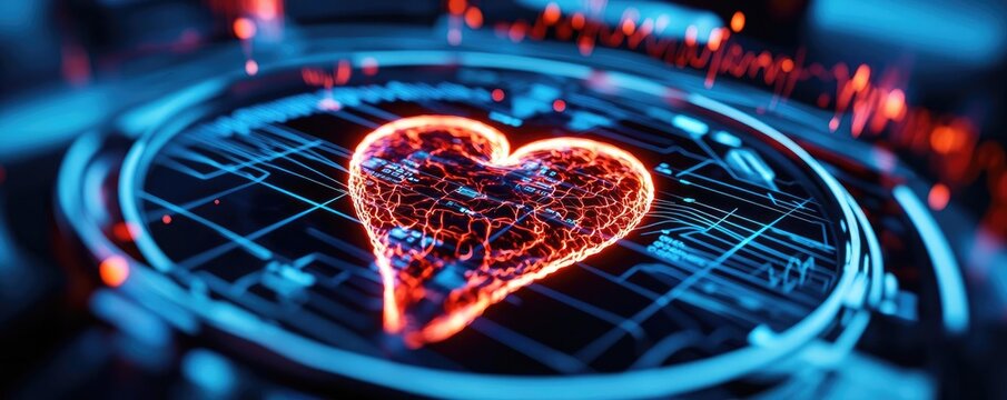 Futuristic glowing heart symbol on digital interface background.