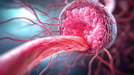 Detailed view of a cell nucleus with surrounding cytoplasm in vibrant colors.
