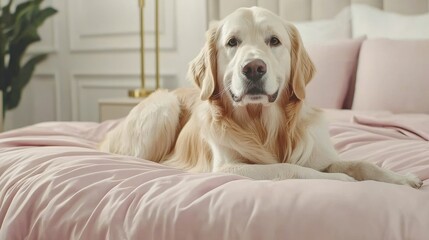 Obraz premium Golden retriever relaxes comfortably on soft pink bedding in cozy home environment