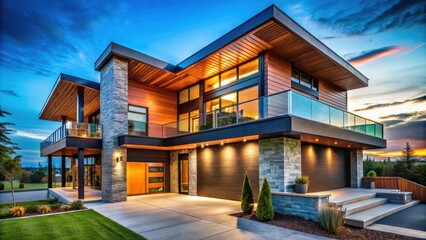 Fototapeta premium Modern Two-Story House with Wooden Accents Under Blue Sky - Contemporary Architecture, Spacious Design, Macro Photography, Home Exterior, Stylish Living Space, Architectural Features