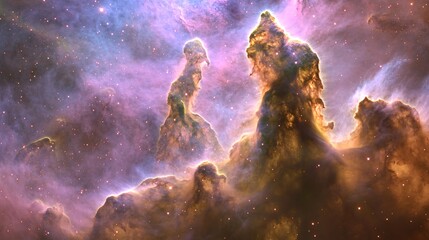A kaleidoscopic celestial tapestry, where a beautiful and colorful space with many stars and a purple cloud swirls in cosmic harmony, Iridescent stellar nurseries burst with newborn suns, while