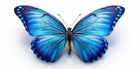 Fototapeta premium Stunning Blue Butterfly Isolated on a Crisp White Background, Perfect for Nature Themes, Educational Materials, and Aesthetic Designs, Showcasing Vibrant Colors and Delicate Wings