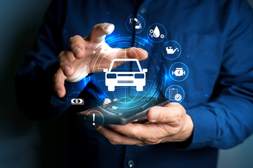 Car automobile insurance concepts. Businessman holding smartphone and protective gesture with icon of car insurance.