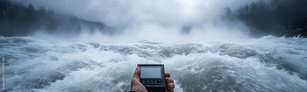 Poster a person holds a camera above turbulent waters, capturing the dramatic scenery with mist and splashe