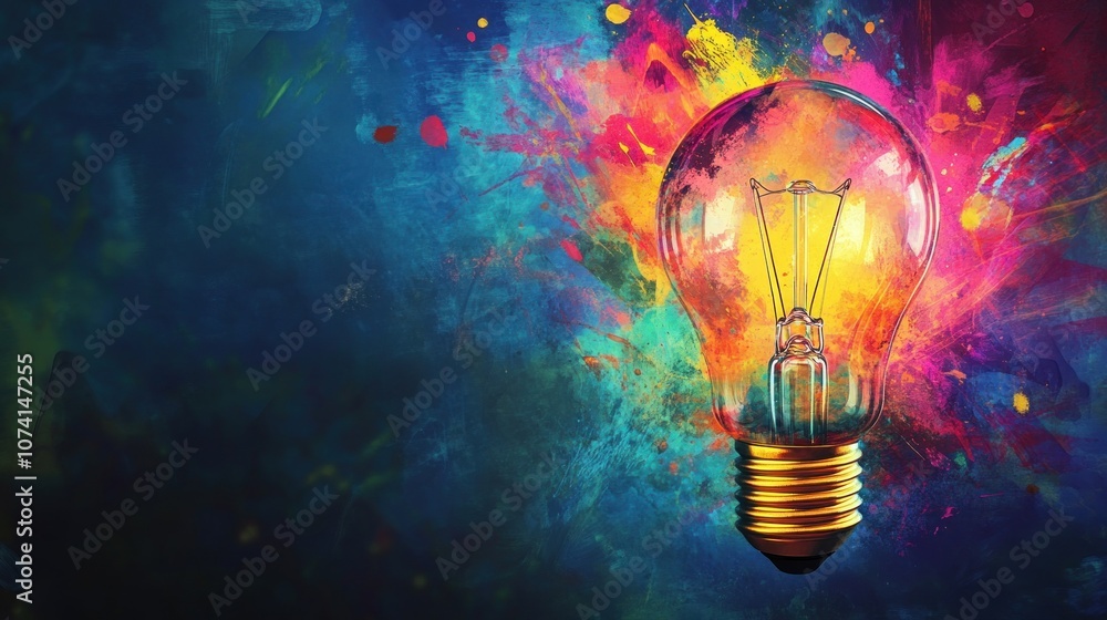 Poster glowing light bulb on abstract colorful background. 3d rendering - generated ai