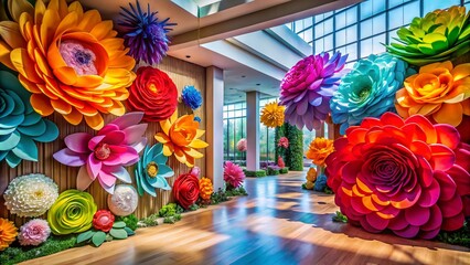 Fototapeta premium Stunning Display of Oversized Paper Flowers in a Bright Modern Gallery Featuring Vibrant Colors and Intricate Details, Perfect for Architectural Photography Enthusiasts
