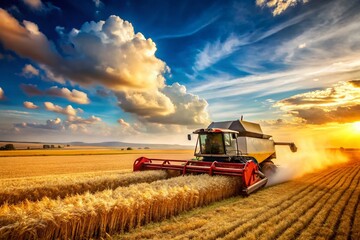 Fototapeta premium Stunning Documentary Photography of a Combine Harvester Working on a Field During Harvest Season, Showcasing Agricultural Machinery in Action Amidst Golden Crops and Clear Sky