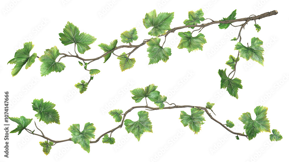 Poster vine branches with grape leaves arranged on a transparent background generative ai