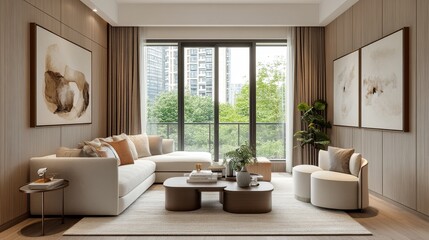 The modern Japanese Nordic style living room features warm wooden wall panels, minimalist wall art pieces, and neutral tones, creating a peaceful and balanced atmosphere