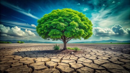 Stunning Double Exposure Photography of a Resilient Green Tree Thriving on Parched, Cracked Earth, Symbolizing Hope and Nature's Endurance in a Harsh Environment