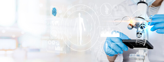 Laboratory research, scientist using microscope to checking gene or DNA for develop vaccine or pharmaceutical product.