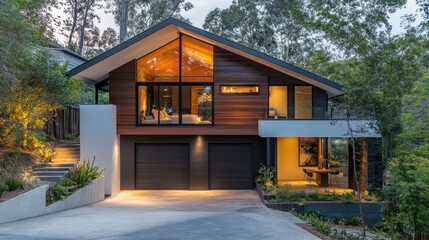 Modern House with a Gabled Roof and Large Windows