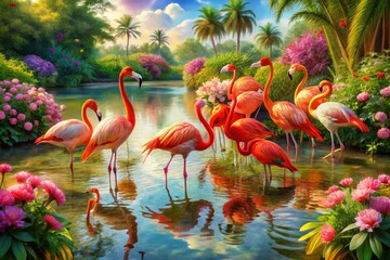Fototapeta premium Stunning Drone Photography Capturing Watercolor Paintings of Flamingos Amidst Lush Tropical Landscapes and Vibrant Wildlife Scenes, Perfect for Nature and Art Enthusiasts