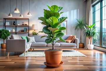 Fototapeta premium Stunning Drone Photography of a 3D Potted Fiddle Leaf Fig in a Sleek Terracotta Planter within a Chic Minimalist Living Space Showcasing Modern Interior Design Aesthetics