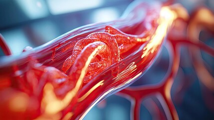 Close-up of a human blood vessel with flowing red liquid, detailed textures visible.